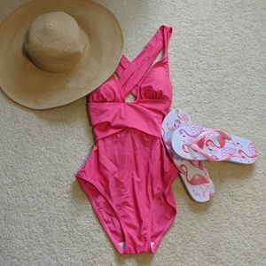 Pink plunge wrap swim suit